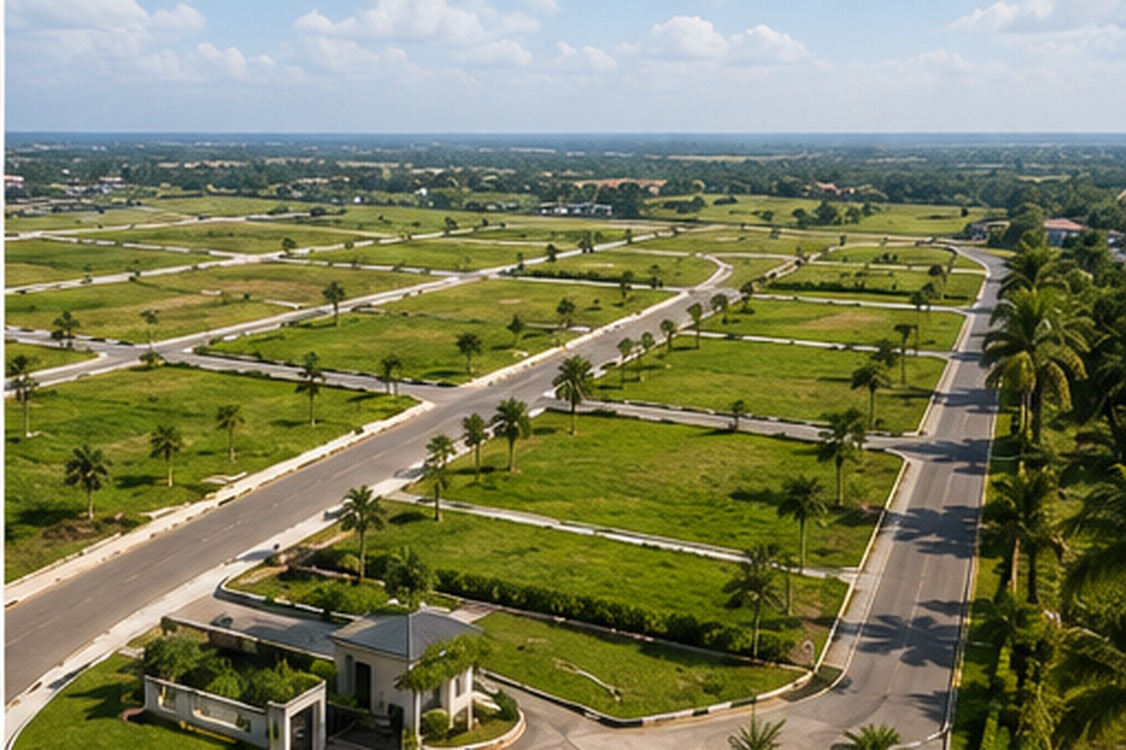 Aerial view of Greenfield Fortress estate layout with palm-lined roads
