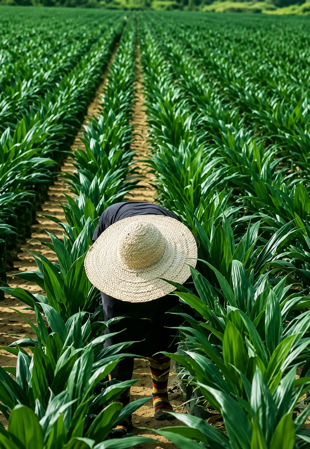Farm worker tending crops on Greenfield Fortress farmland